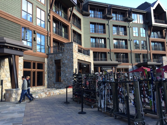 Ski storage conveniently located on the back patio of the Ritz Lake Tahoe.  Ski valet carries them to the slopes for you!