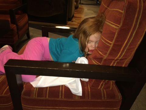 Conked out at dinner, thanks to a full day on the slopes.
